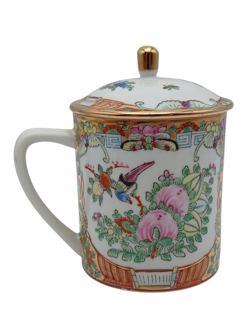 Chinese Famille Rose Lidded Tea Mug Hand Painted